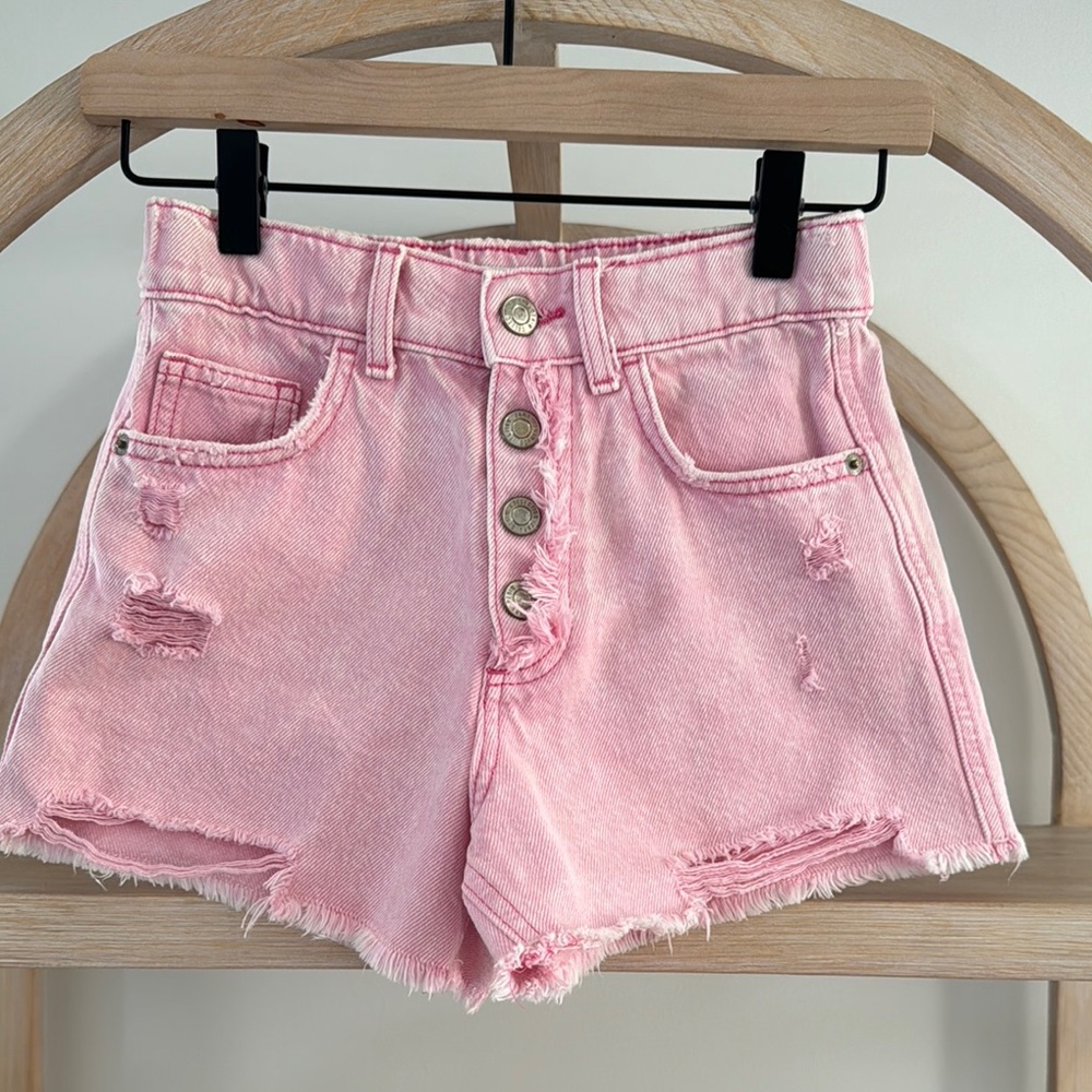 ZARA Pink Distressed Denim Shorts